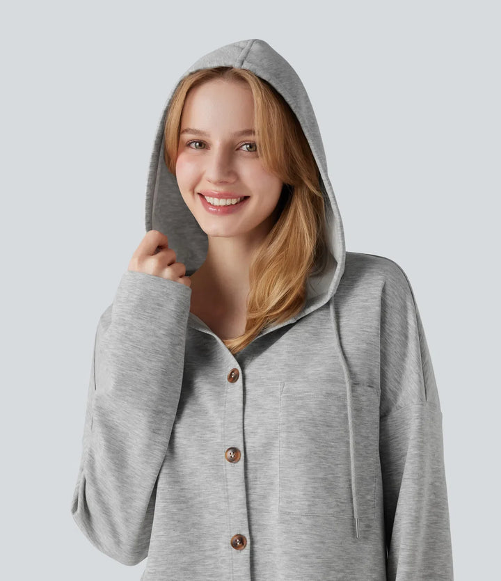 Hooded Drawstring Long Sleeve Curved Hem Casual Sweatshirt with Pocket