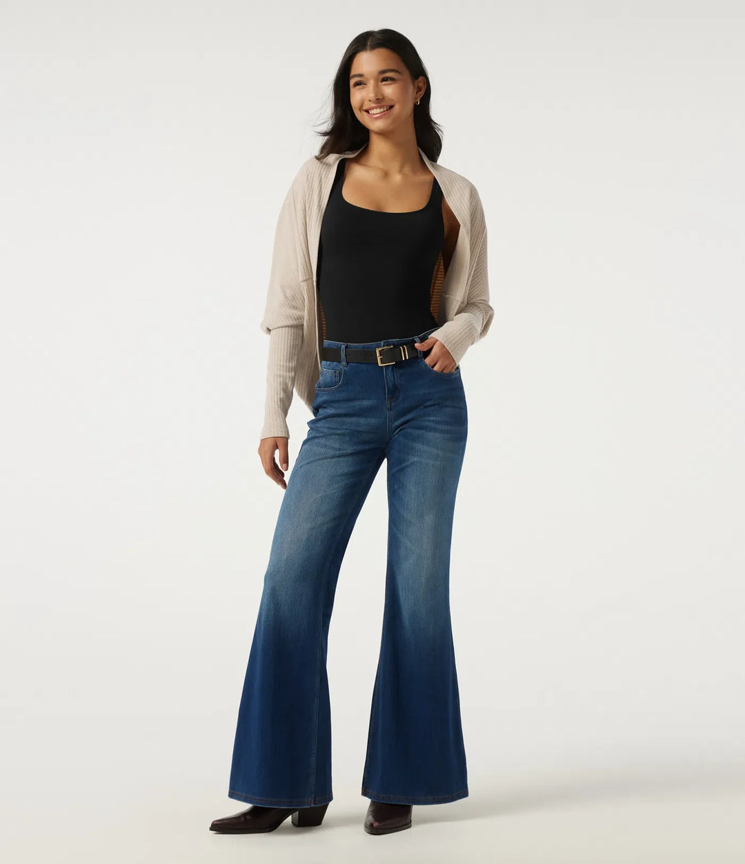 Ribbed Knit Batwing Long Sleeve Curved Hem Casual Cardigan