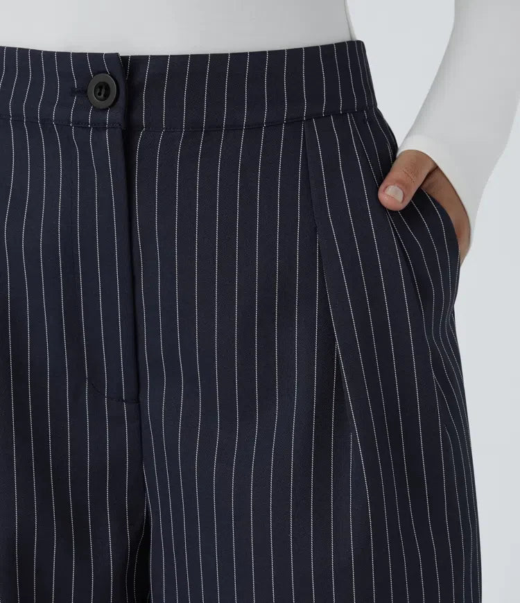 High Waisted Zipper Pocket Wide Leg Baggy Striped Work Trousers