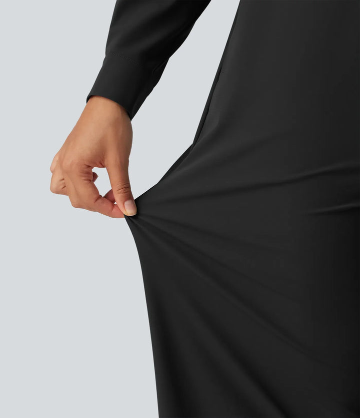 Long Sleeve Straight Leg Work Shirt Jumpsuit with Pockets-Easy Peezy Edition