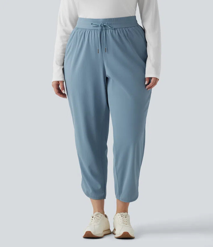 Plus Size Mid Rise Drawstring Curved Hem Quick Dry Golf Tapered Trousers with Pockets-UPF40+