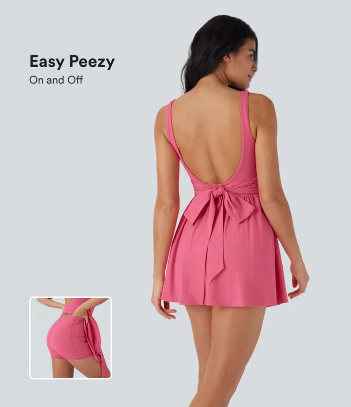 Breezeful Backless Tie Back 2-in-1 Quick Dry Mini Dance Active Dress with Side Pocket-Easy Peezy Edition