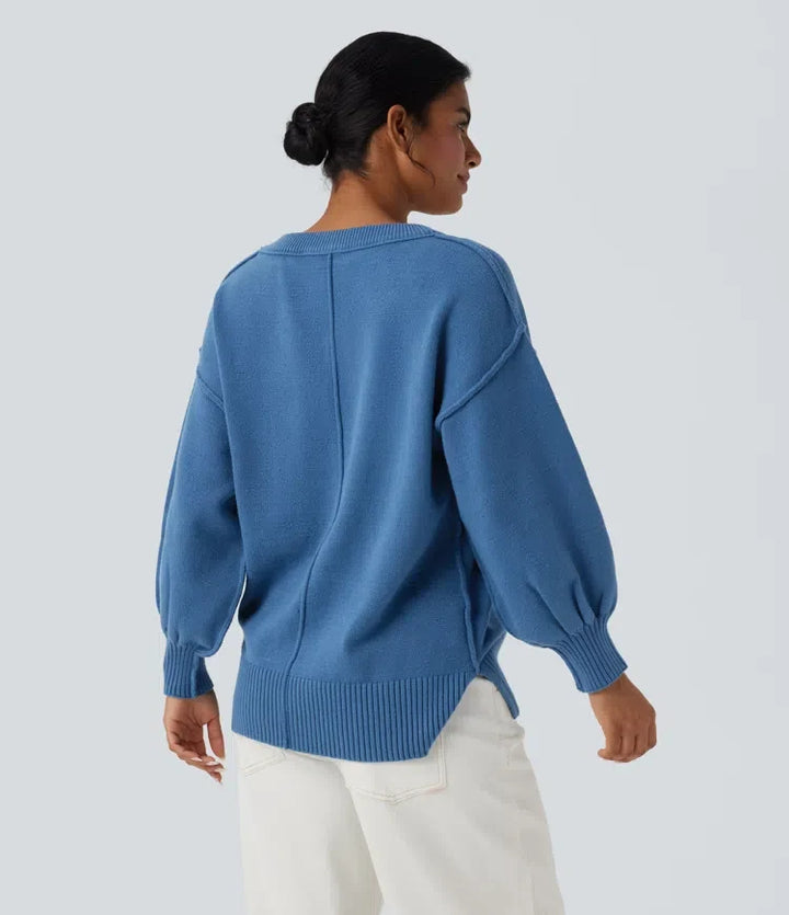 V Neck Dropped Shoulder Long Sleeve Split Casual Jumper