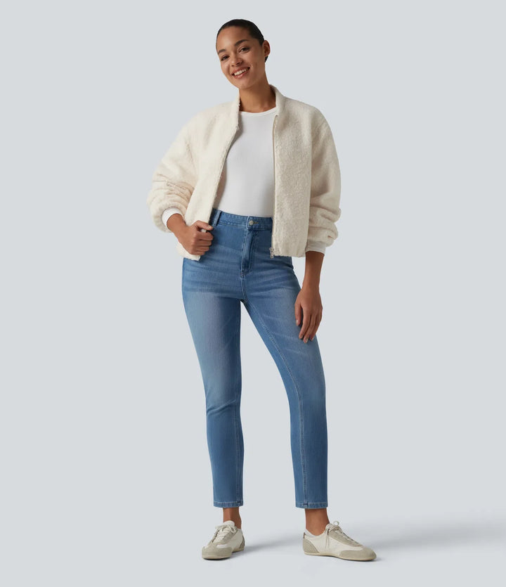 Zip Fly Casual Sherpa Jacket with Pockets