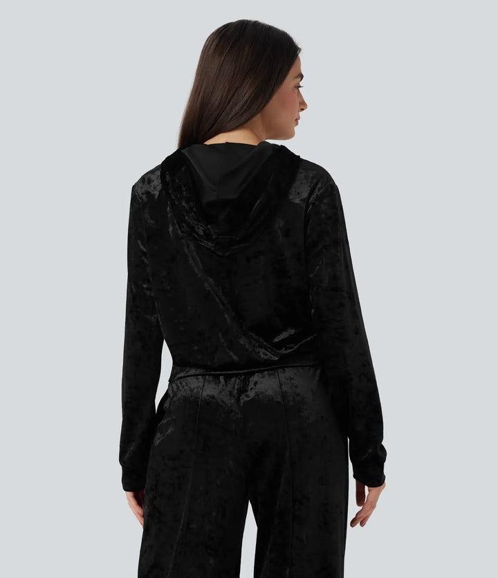 Velvet Hooded Zip Fly Long Sleeve Casual Sweatshirt with Pockets