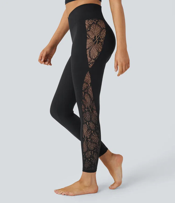SoftlyZero High Waisted Crossover Contrast Lace Pocket Yoga Leggings