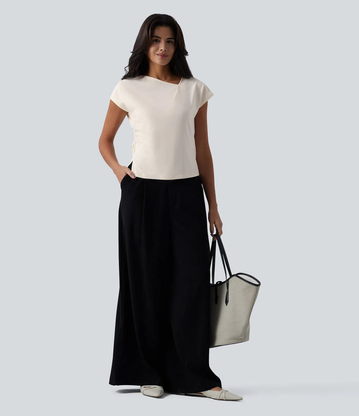 Asymmetric Cowl Neck Short Sleeve Ruched Split Hem Work Blouse