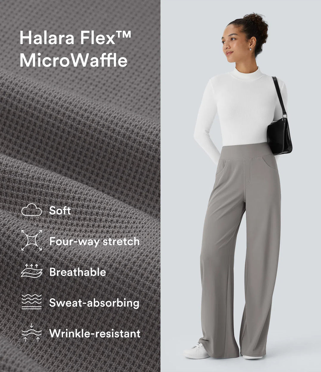Halara Flex High Waisted Tummy Control Pockets Wide Leg Micro Waffle Work Trousers
