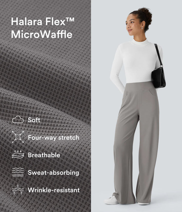 Halara Flex High Waisted Tummy Control Pockets Wide Leg Micro Waffle Work Trousers