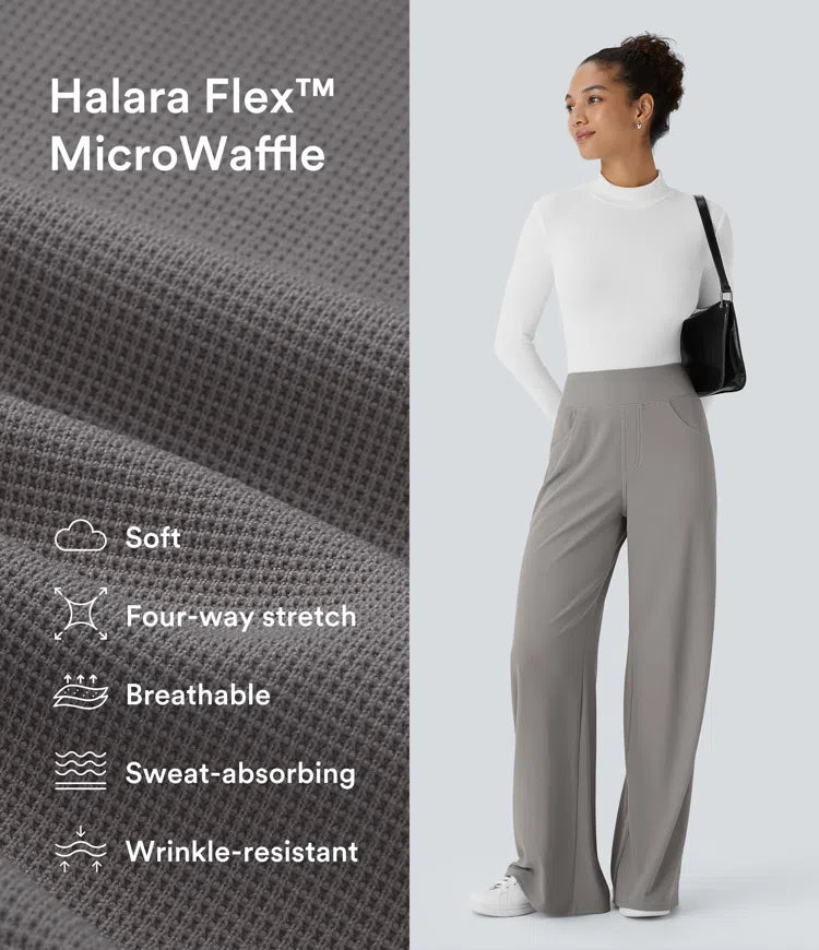Halara Flex High Waisted Tummy Control Pockets Wide Leg Micro Waffle Work Trousers