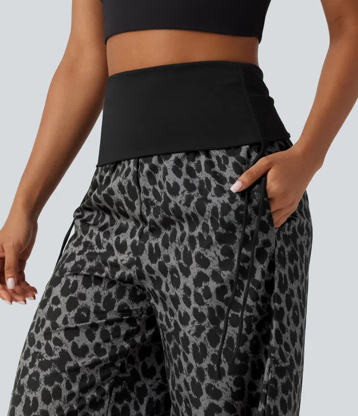 Foldover High Waisted Ruched Drawstring Baggy Leopard Print Casual Trousers with Pockets