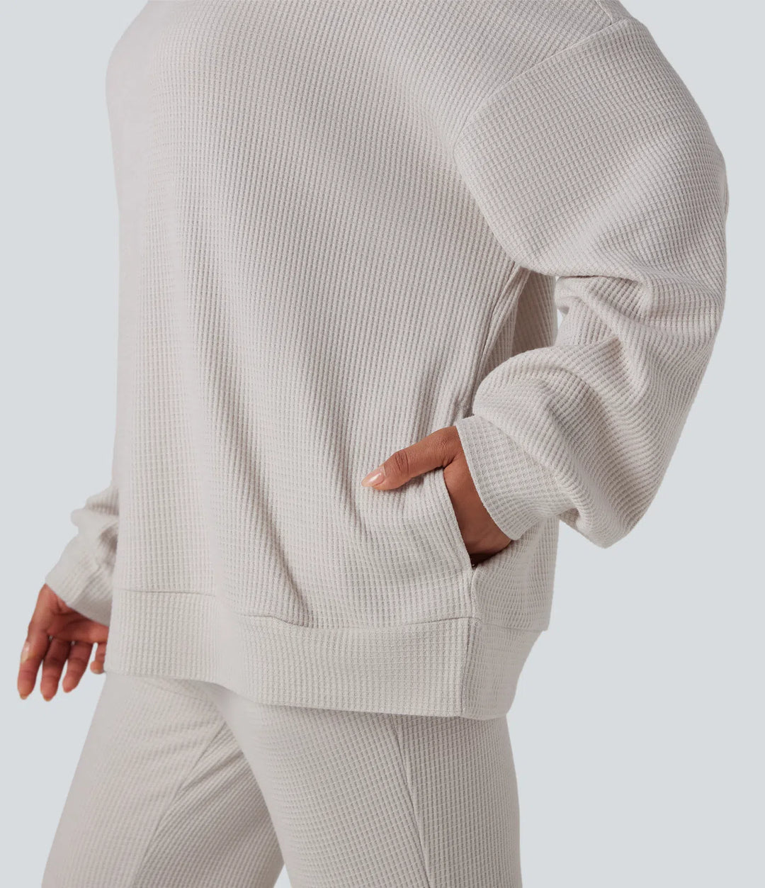 Mock Neck Long Sleeve Relaxed Waffle Casual Sweatshirt with Pockets