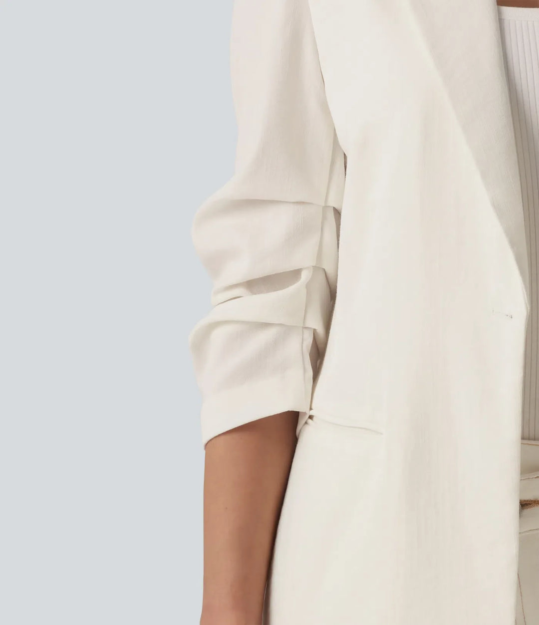 3/4 Sleeve Ruched Linen-Feel Work Blazer with Pockets