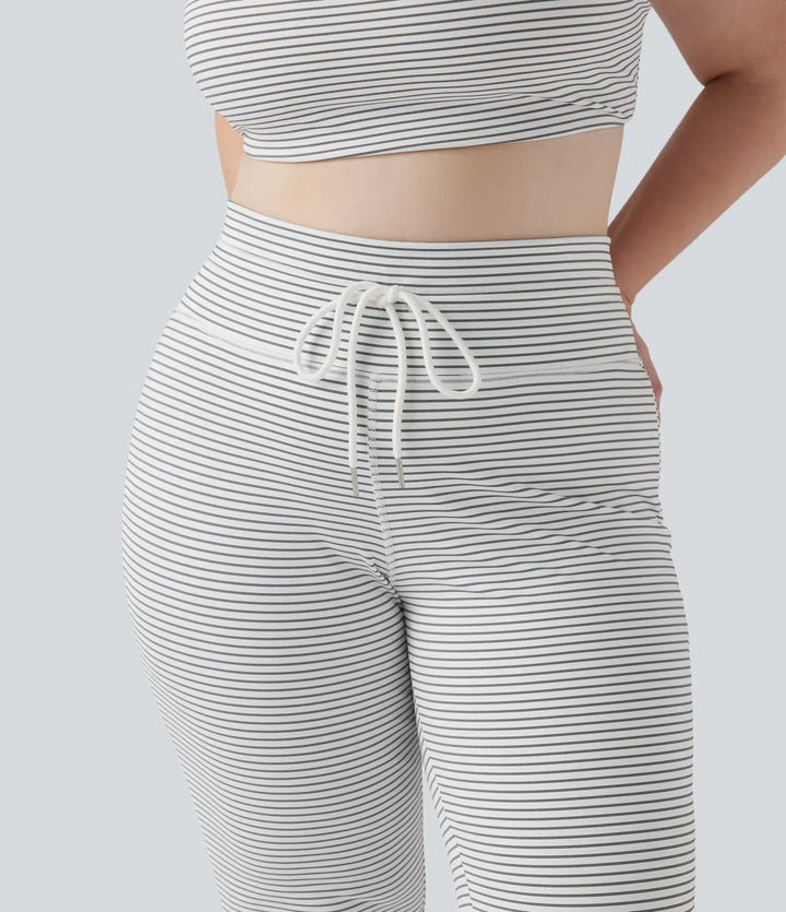High Waisted Drawstring Stripe Flare Yoga Plus Size Trousers with Pockets