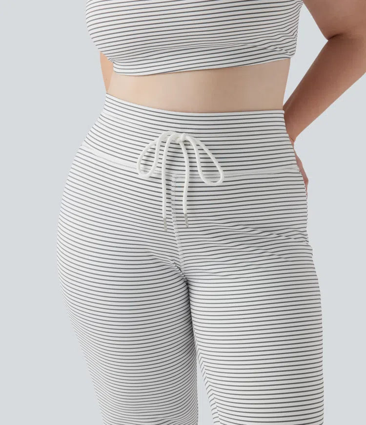High Waisted Drawstring Stripe Flare Yoga Plus Size Trousers with Pockets