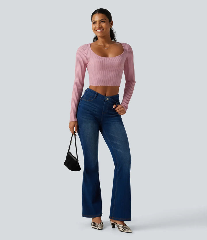 Round Neck Long Sleeve Cut Out Tie Back Casual Jumper