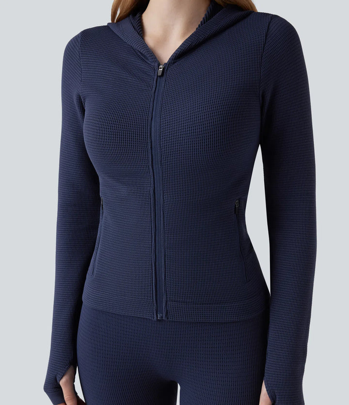 OneForm Seamless Flow Waffle Hooded Long Sleeve Thumb Hole Zipper Yoga Jacket with Pockets
