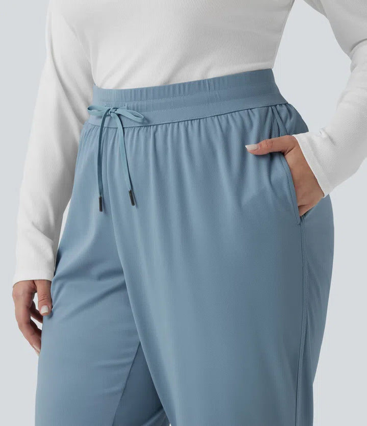 Plus Size Mid Rise Drawstring Curved Hem Quick Dry Golf Tapered Trousers with Pockets-UPF40+