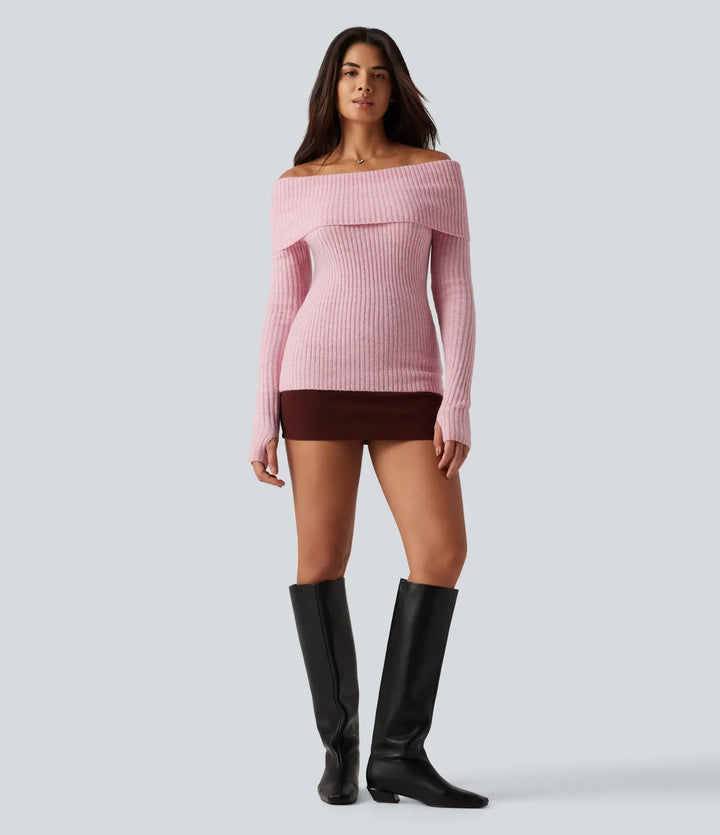 Off Shoulder Long Sleeve Thumb Hole Work Jumper