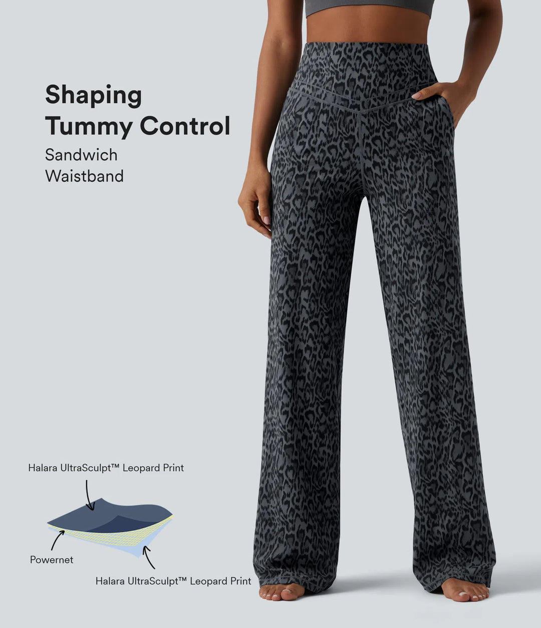 Halara UltraSculpt Leopard Print High Waisted Tummy Control Straight Leg Yoga Trousers with Pockets