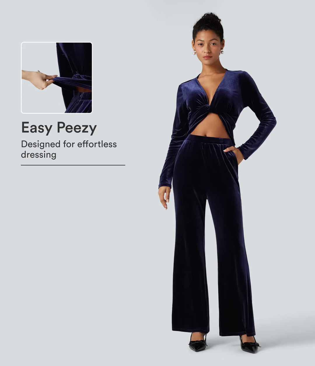 Deep V-neck Long Sleeve Twisted Tie Back Velvet Party Jumpsuit with Pockets-Easy Peezy