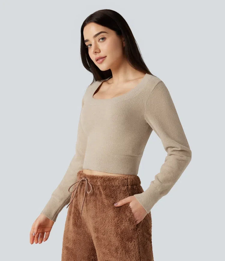 U-Neck Long Sleeve Cropped Casual Jumper