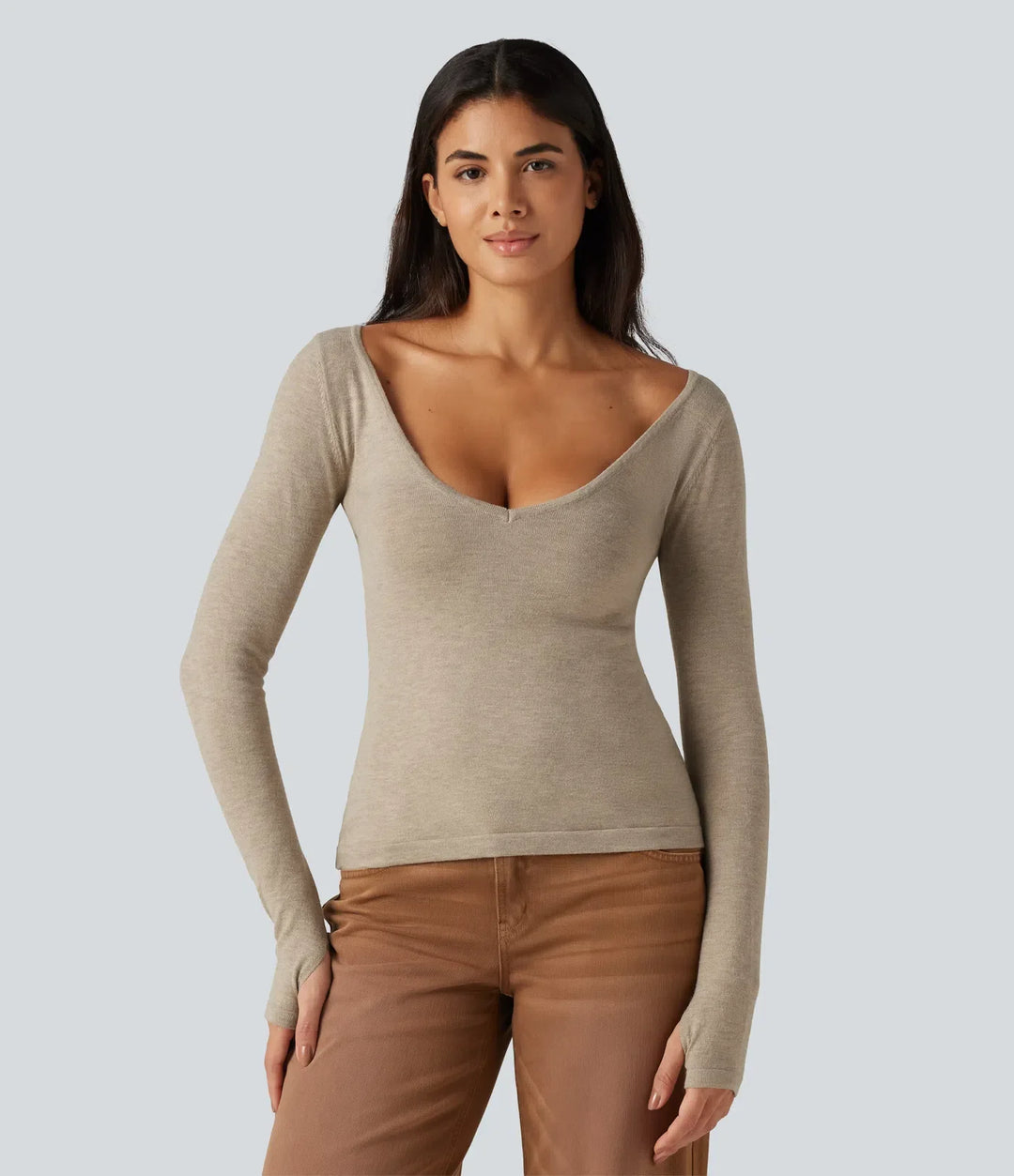 V Neck Long Sleeve Slim Casual Jumper