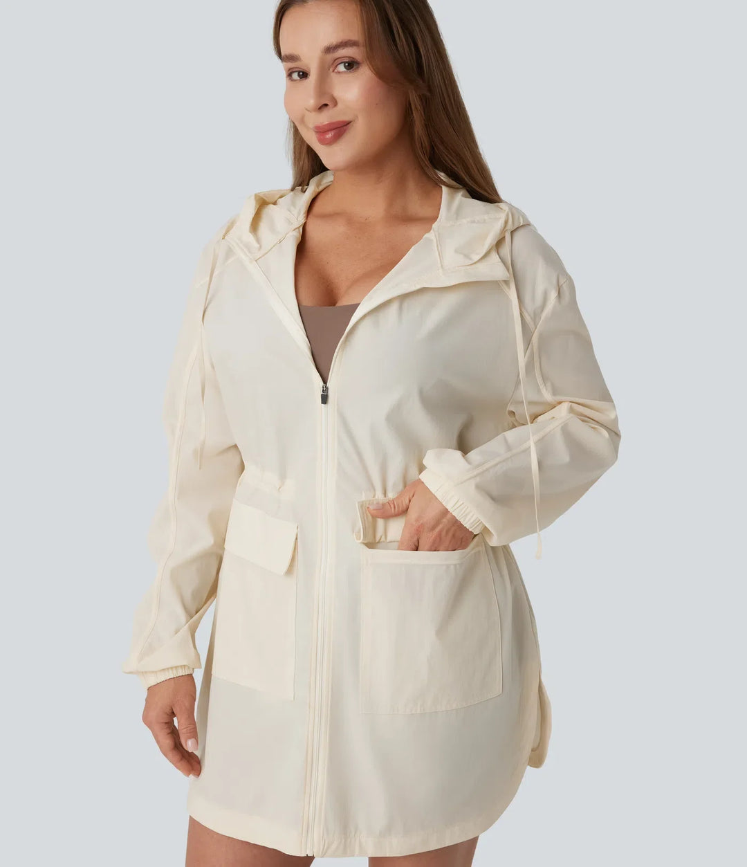 Water Repellent Wear-Resistant Hooded Drawstring Curved Hem Hiking Cargo Jacket with Pockets