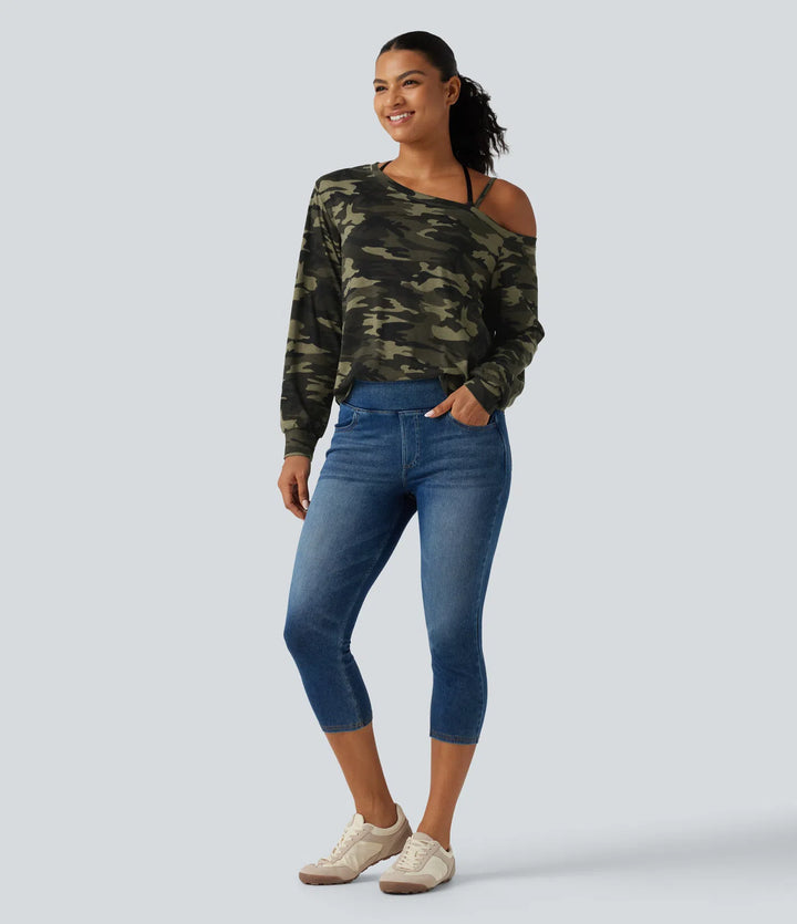 One Shoulder Long Sleeve Camo Casual Top