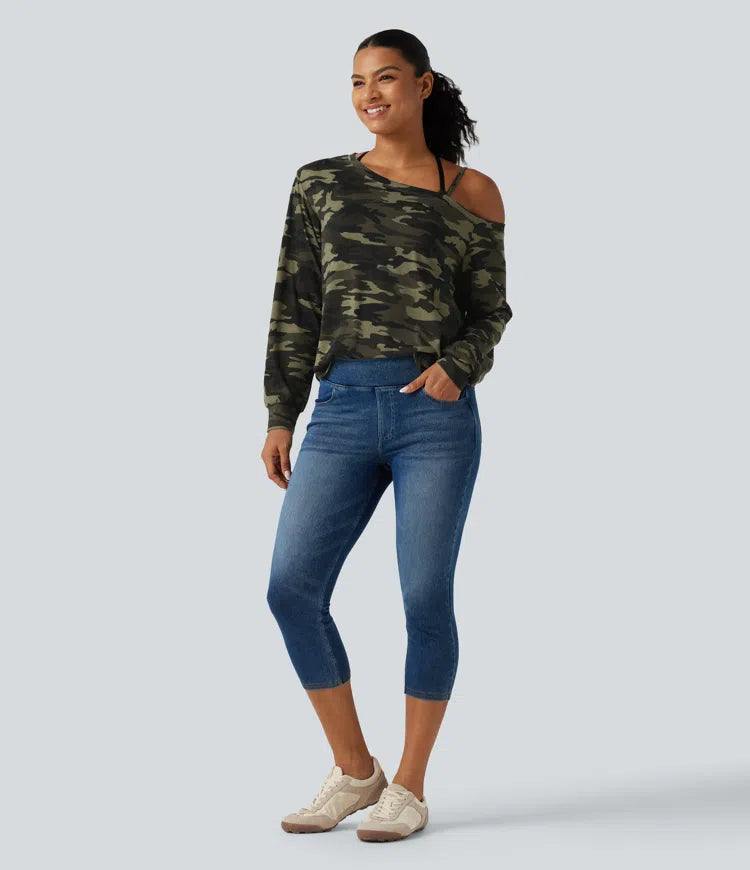 One Shoulder Long Sleeve Camo Casual Top