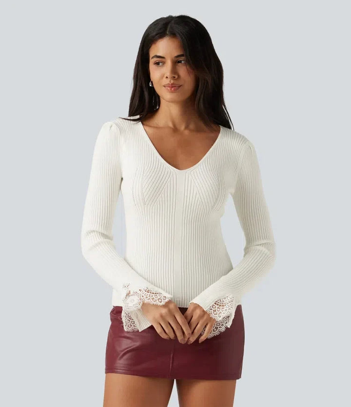 V Neck Long Sleeve Contrast Lace Work Jumper