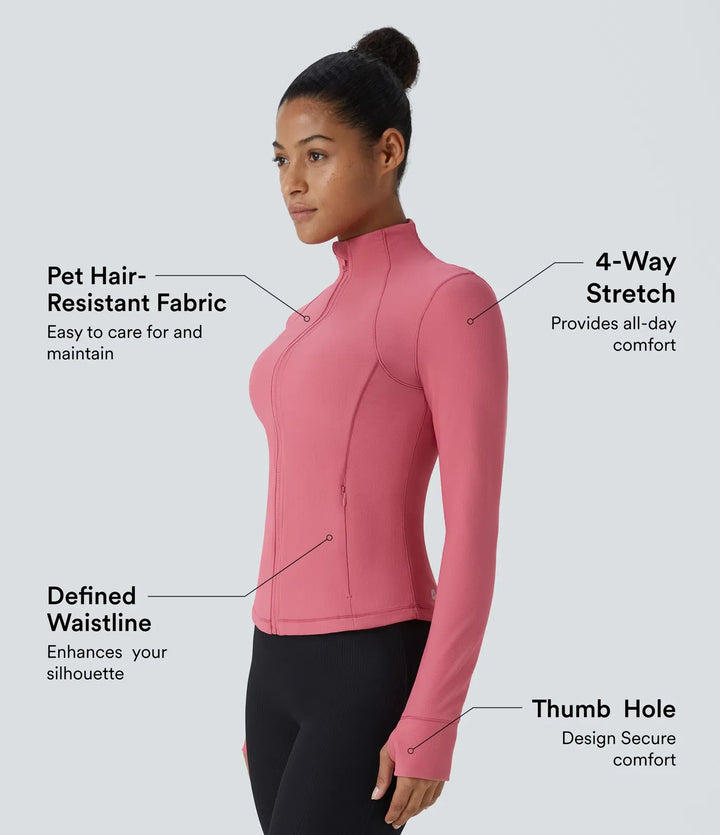 Patitoff Flow Pet Hair Resistant Stand Collar Zipper Pocket Thumb Hole Cropped Casual Jacket