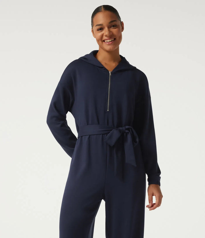 Hooded Dropped Long Sleeve Half Zip Tie Front Casual Jogger Jumpsuit with Pockets-Easy Peezy Edition