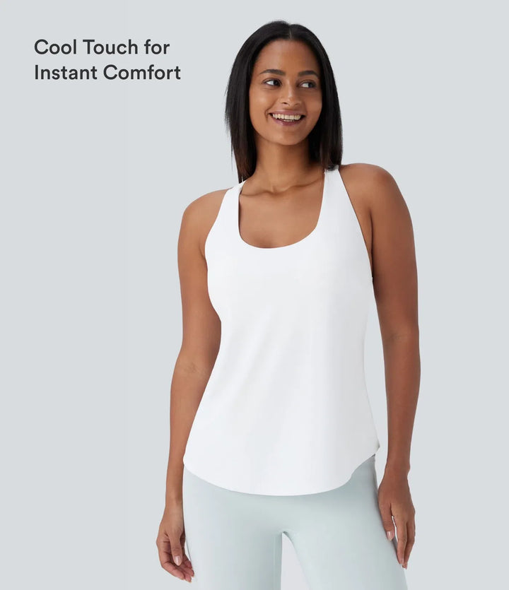U Neck Built-in Bra Curved Hem Cool Touch Yoga Tank Top-UPF50+