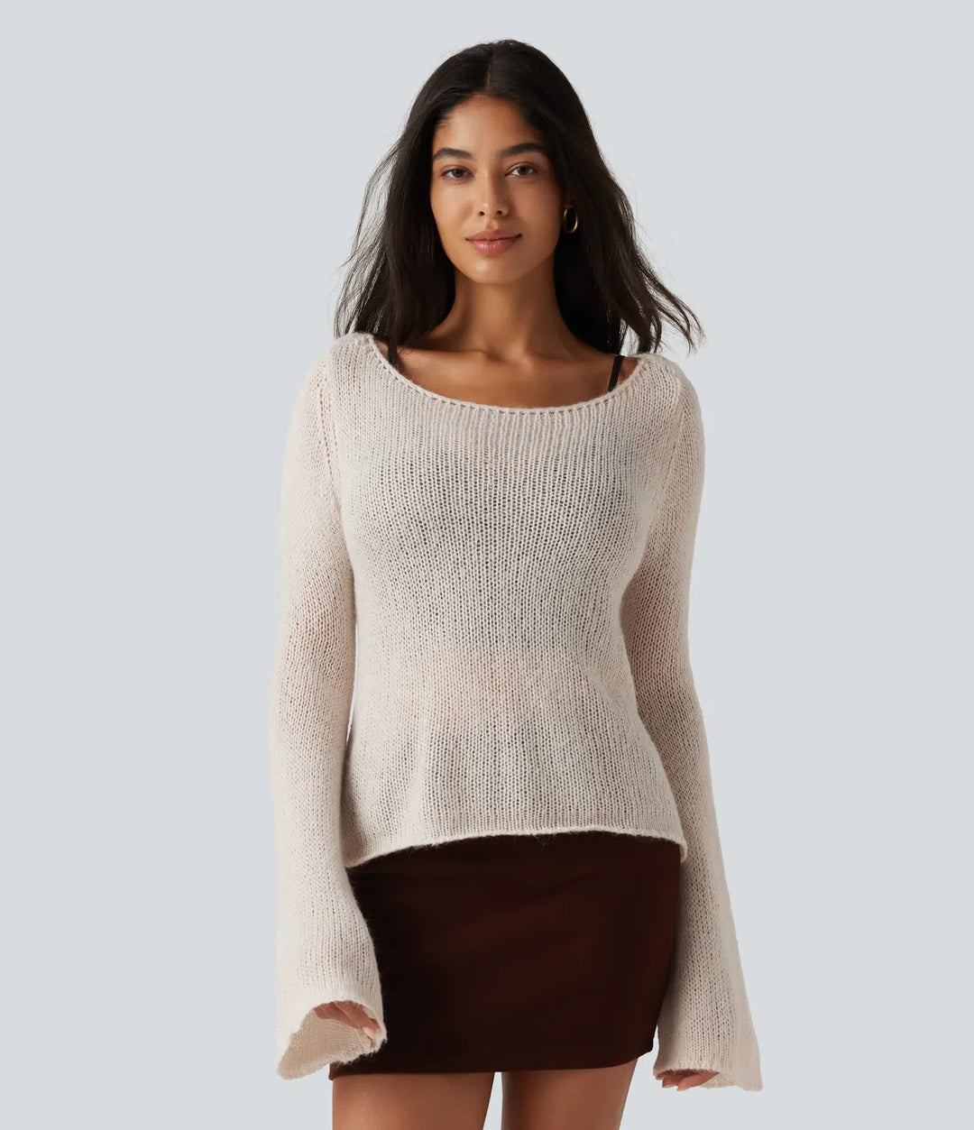 Boat Neck Flounce Long Sleeve Tie Back Casual Wool-Blend Jumper