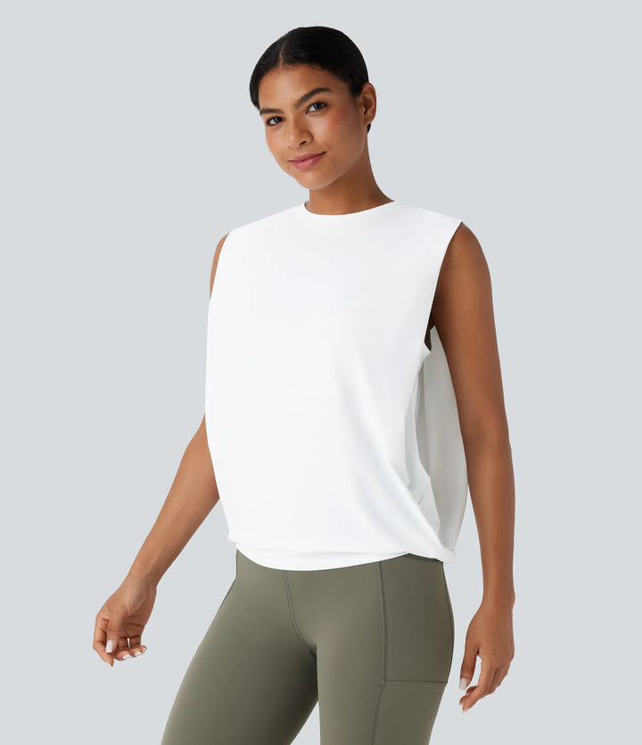 Round Neck Ruched InstantCool Yoga Tank Top-UPF50+