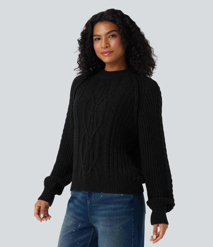 Round Neck Raglan Long Sleeve Relaxed Cable Knit Casual Jumper