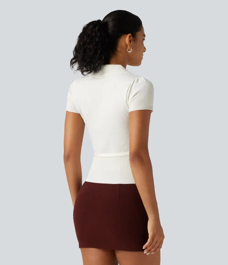 V Neck Short Sleeve Ruched Slim Casual Jumper