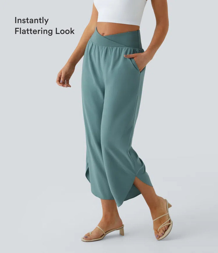 Breezeful High Waisted Crossover Quick Dry Resort Trousers with Pockets