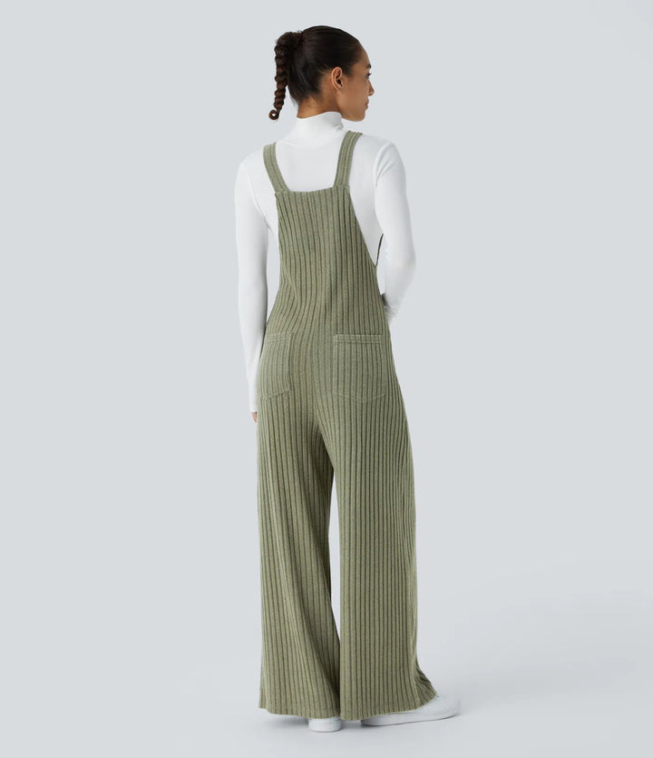 Ribbed Knit Pockets Fleece Casual Dungarees