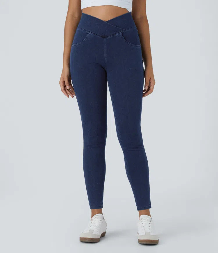 Halara Flex High Waisted Crossover Pockets Denim Work Leggings