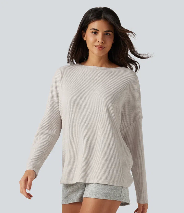 Boat Neck Batwing Long Sleeve Ruched Waffle Lounging Top