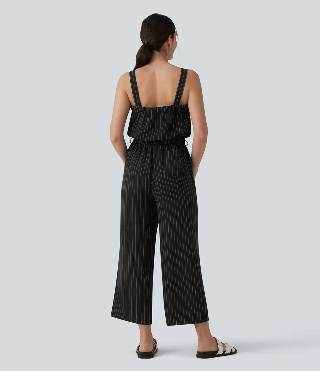 Square Neck Adjustable Straps Sleeveless Belted Stripes Casual Linen-Feel Jumpsuit with Pockets-Easy Peezy