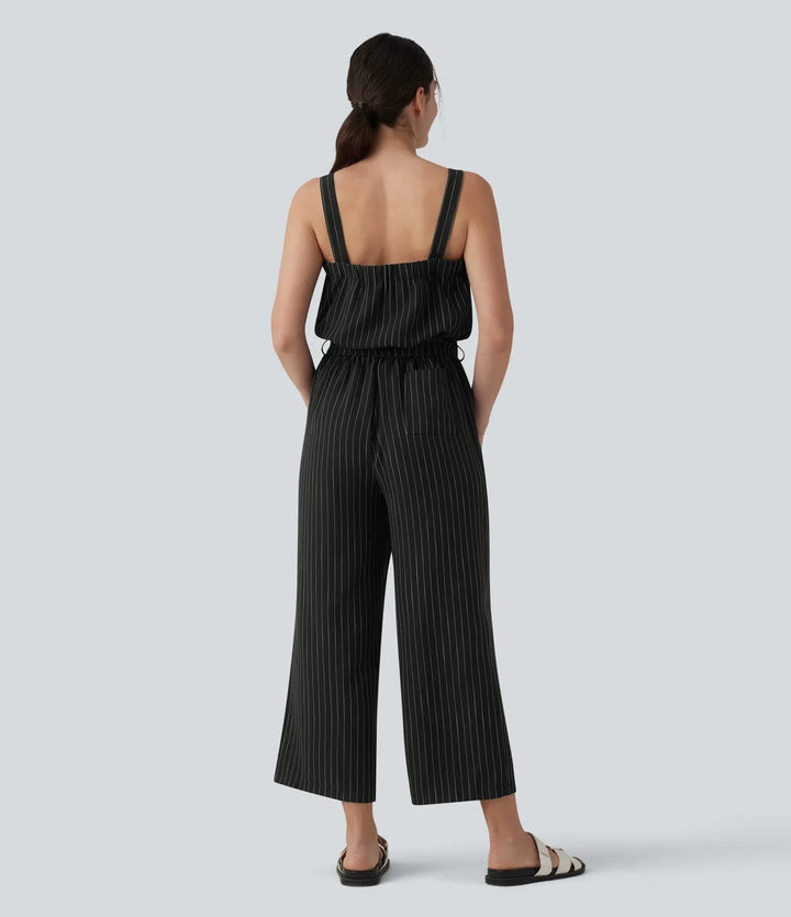 Square Neck Adjustable Straps Sleeveless Belted Stripes Casual Linen-Feel Jumpsuit with Pockets-Easy Peezy