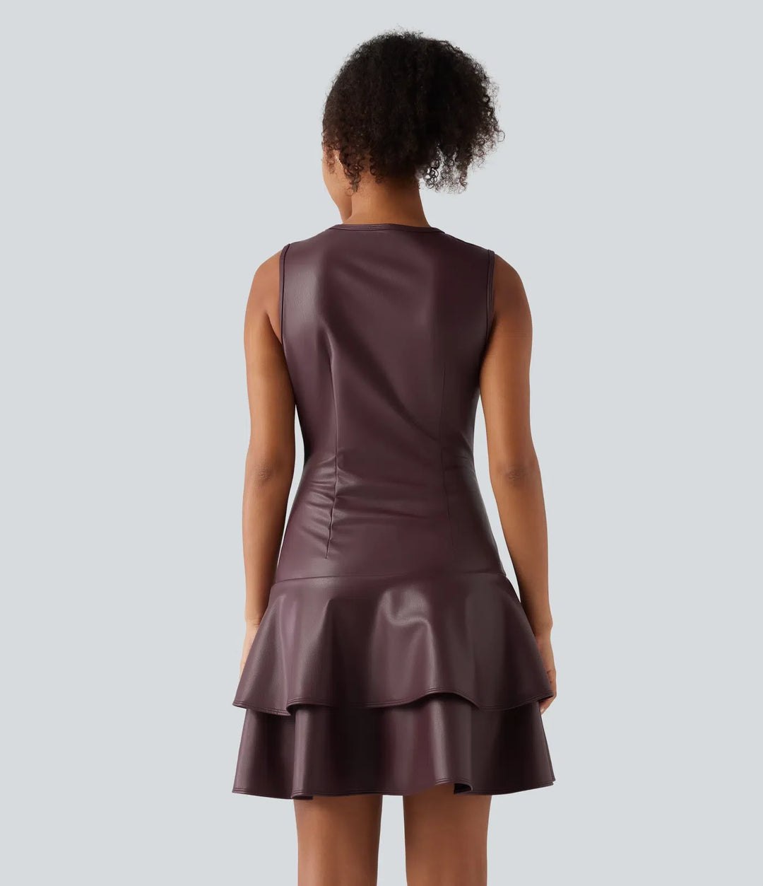 Round Neck Sleeveless Asymmetric Ruffle Hem A Line Mini Fleece Casual PU Leather Dress