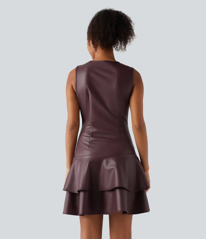Round Neck Sleeveless Asymmetric Ruffle Hem A Line Mini Fleece Casual PU Leather Dress
