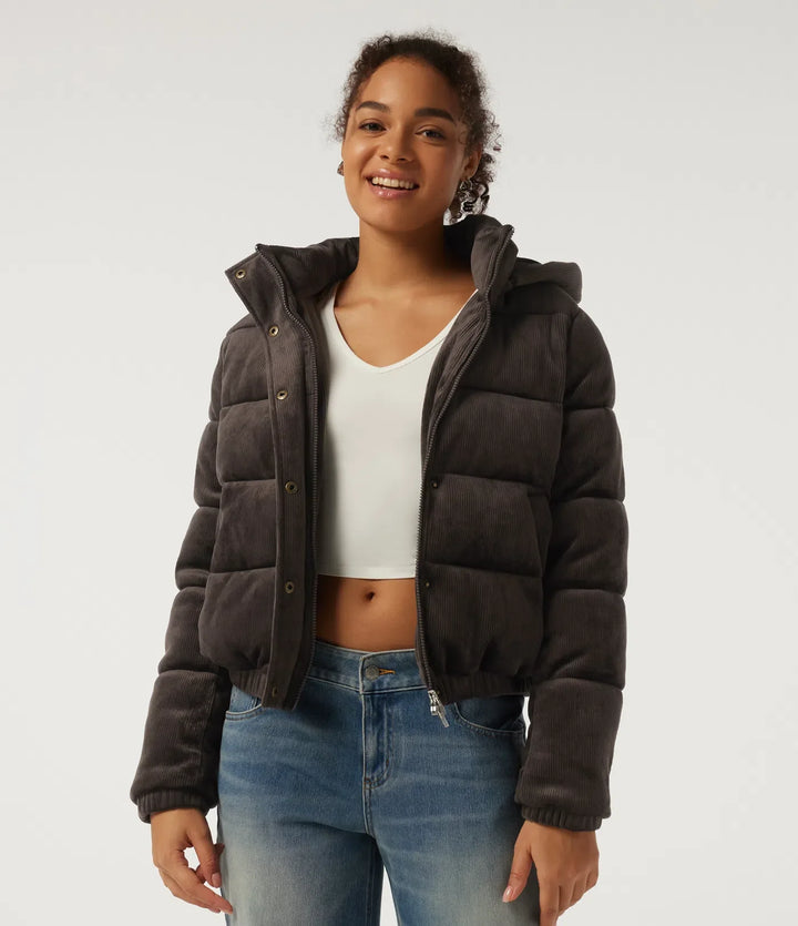 Ribbed Knit Removable Hood Long Sleeve Fleece Casual Padded Jacket with Pockets