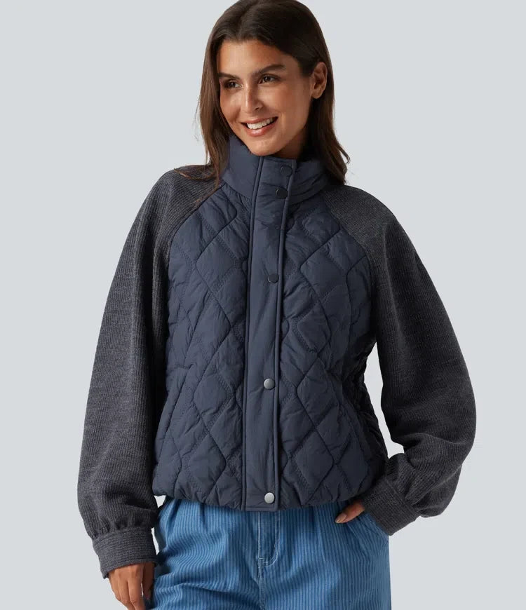 High Neck Long Sleeve Raglan Casual Padded Jacket with Pockets