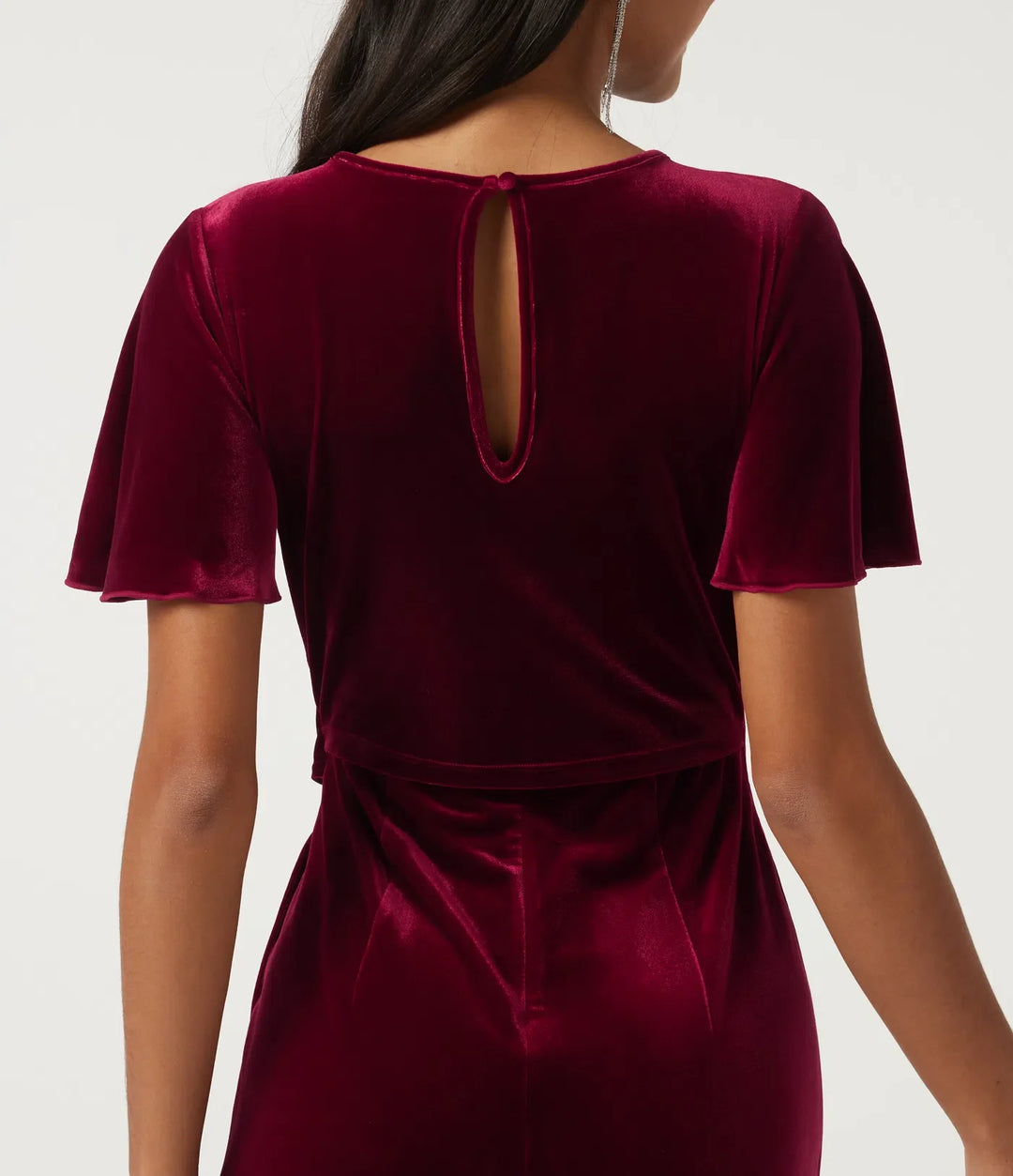 Round Neck Flounce Short Sleeve Keyhole Back Tie Front Velvet Party Jumpsuit with Pockets -Easy Peezy Edition
