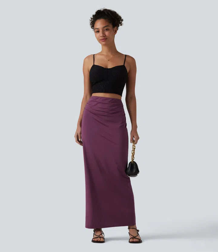 High Waisted Ruched Stretchy Satin-Like InstantCool Maxi Casual Pencil Skirt